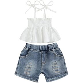 Emmababy Toddler Cowgirl Outfit Denim Set Kids Jean Shorts Ruffle Crop Tank Top and Ripped Denim Outfit Western Clothes 0-6T