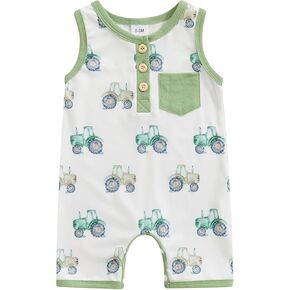 Summer One Piece Outfits Infant Baby Boy Sleeveless Tank Romper Tractor Animal Print Jumpsuit Button Pocket Clothes