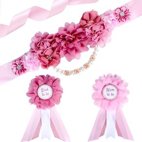 Dusty Pink Baby Shower Sash and Pins Set - Dusty Pink Flower Baby Shower Belly Belt and Mom to Be & Dad to Be Corsage Pins, New Parents Pregnancy Photo Props Party Supplies