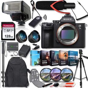 Sony Alpha a7 III Mirrorless Digital Camera (Body Only) ILCE7M3/B Bundle with Telephoto and Wide-Angle Lens Set, 128GB Memory Card, Microphone, TTL Flash, Camera Bag and Accessories