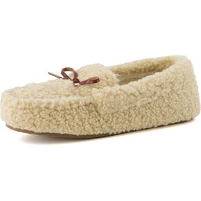 CUSHIONAIRE Women's Star Vegan Suede Faux Sherpa Moccasin Slippers – Memory Foam, Durable Rubber Sole, Wide Widths Available