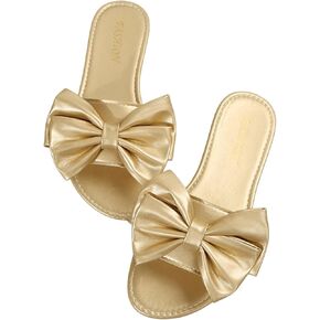 GORGLITTER Women's Bow Flat Sandals Metallic Slide Sandals Open Toe Vacation Sandals