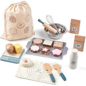 Wooden Play Food Sets for Kids, Pretend Play Kitchen Accessories with Shopping Bag, Cutting Toys, Gift for Boys and Girls Ages 3-6