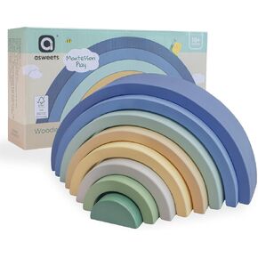 Asweets Wooden Stackable Rainbow Toy, 8-Piece Building Blocks Set for Kids and Toddlers, Montessori Rainbow Nesting Puzzle, Enhance Hand-Eye Coordination, Blue
