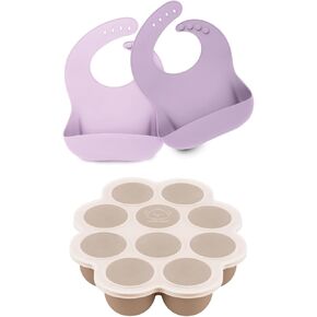 KeaBabies 2-Pack Baby Silicone Bibs and Silicone Baby Food Freezer Tray with Clip-on Lid - Waterproof, Easy Wipe Silicone Bib for Babies, Toddlers - Baby Food Silicone Freezer Molds