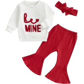 YOKJZJD 3Pcs Toddler Baby Girl Valentines Day Outfit Sweatshirt Long Sleeve T-Shirt Tops Bell Bottom Pants Set Fall Clothes