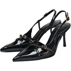 YIYA Women's Denim Blue Slingback Kitten Heels with Buckle Strap Closed Pointed Toe Stiletto High Heel Slip On Dress Sandals Pumps