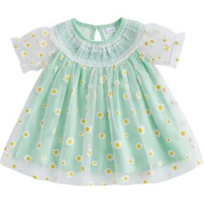 Baby Girl Dress Smocked Puff Sleeve Mesh Tutu Tulle Dresses Princess Birthday Baptism Wedding Dresses Summer Clothes