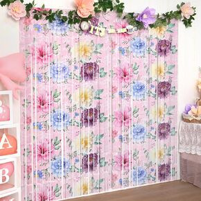 Tea Party Decorations 2Packs Floral Print Birthday Party Supplies 3.3x6.6ft Spring Garden Foil Fringe Curtains for Flower Theme Tea Party Baby Shower Decor,Easter Photo Backdrop for Girls Women