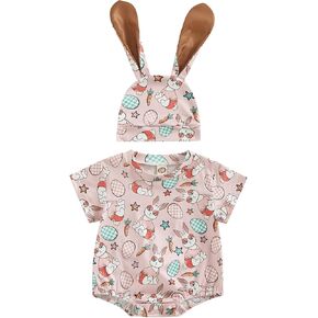 Newborn Baby Girls Easter Outfits Short Sleeve Bunny Bubble Romper Embroidery Onesie Clothes With Headband (Bunny Romper Pink, 12-18 Months)