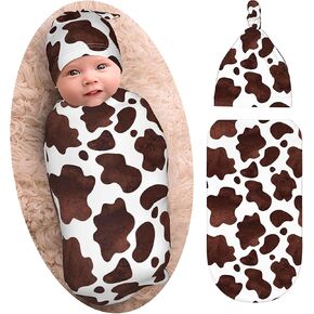 Brown Cow Print Baby Stuff Swaddle Blankets Beanie Hat Sets Soft and Stretchy Highland Cow Western Newborn Blanket Swaddle Sack for Baby Boy and Girl Gift