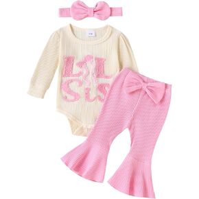 Little Sister Newborn Outfits Lil Sis Embroidery Romper Knit Ribbed Jumpsuit Bell Bottoms Baby Coming Home Outfit