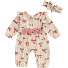 Baby Girl Romper Cotton Linen Long Sleeve Jumpsuit with Headband Newborn Infant One Piece Outfits