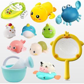 Bath Toy for Toddlers,Bathtub Toy with Clockwork Baby Duck Bath Toys Fishing Games Swimming Toys,Amphibious Boat Floating Pool Toys,Fishing Net Water Toys (11pcs)