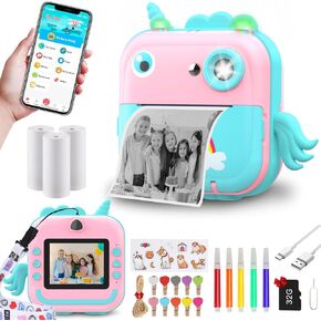 Instant Print Camera for Kids,Inkless Camera Printer with 3 Rolls Photo Paper,5 Color Pens, 32GB Card,20MP HD Digital Video Cameras,Thermal Dual Camera Selfie for Girls Boys Age 3-12 Toy -Pink