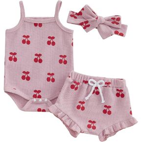Infant Baby Girls Outfits Sleeveless Cherry Print Romper Shorts Pants Headband 3PCS Newborn Girl Summer Clothes Set
