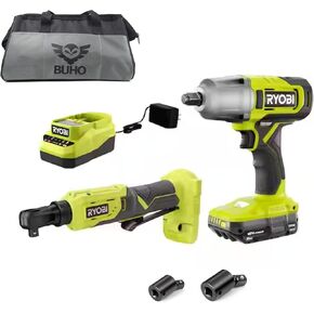 Buho Impact Wrench and Ratchet Accessory Bundle - Cordless 1/2 inch Impact Wrench 3/8 inch 4-Position Ratchet 2.0 Ah Battery 18V Charger 2 Universal Joints Tool Bag