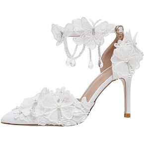 White Chiffon Butterfly Crystal Fringe Wrist Strap High Heel Shoes Lace Pearl Flower Pointed Toe Stiletto Women's Sandals medium heel shoes low heels