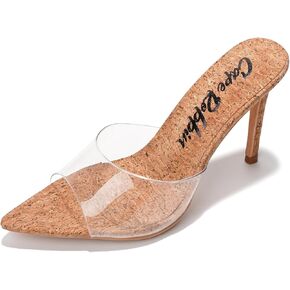 Clear Open Toe Heels for Women- Sleek, Comfy Pointy Heels for Women with Genuine PU Leather Insole & 3.75 inch Stiletto Heel- Classy Mule Cork Heel Sandals for Women (Melrose.A)