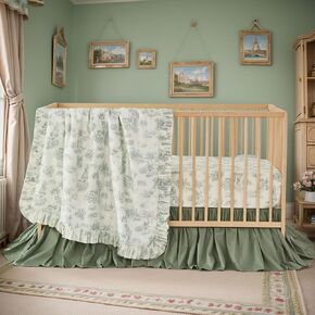 Brandream 3 Pieces French Country Toile Crib Bedding Set for Girls Vintage Green Toile Floral Print 100% Cotton Baby Girl Nursery Bedding Collection - Ruffles Quilt,Toile Crib Sheet,Crib Bed Skirt