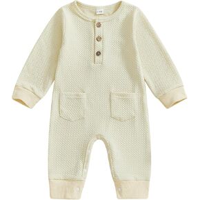 Newborn Infant Baby Boy Girl Clothes Solid Color Button Romper Jumpsuit Long Sleeve One-Piece Fall Winter Outfit