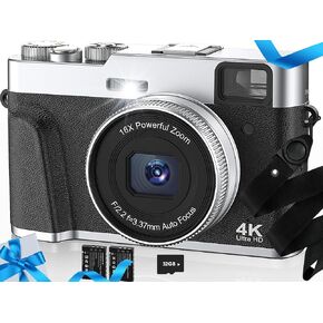 Upgraded 4K Digital Camera with SD Card Autofocus,48MP Point and Shoot Camera with Flash Viewfinder & Dial,Vlogging Camera Anti-Shake,16X Zoom Portable Travel Camera,2 Batteries
