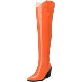 MOVINSTEPS Thigh High Boots for Women Over the Knee Boots Patent Chunky High Heel Pointed Toe Pull on Long Boots Elegant Classic Fashion Tall Boots 3.5 Inch