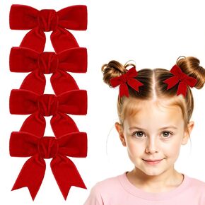4Pcs Red Velvet Bows Hair Clips, 3'' Small Red Hair Bow, Cute Toddler Pigtail Hair Ribbon Barrettes, Christmas Bowknot Alligator Clips, Red Bow for Hair Women Toddler Baby Xmas Hair Accessories