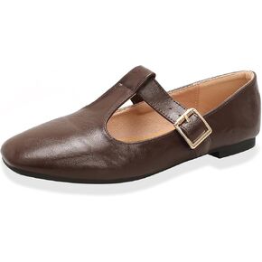 Women's Slip On T-Strap Mary Jane Flats Low Chunky Heel Comfy PU Round Toe Flat Shoes for Women Work Dressy Closed Toe Adjustable Strap Ballet Flats