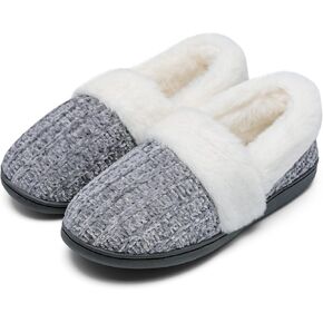 Bigwow Women's Fuzzy Slippers with Memory Foam Chenille Knit Slip On Plush Lined Closed Back-Heel House Slipper Warm Cozy Indoor Outdoor Shoes