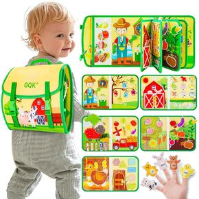 Busy Book for Toddlers 1 2 3 4 Ages, Montessori Sensory Busy Board Backpack Travel Toys, Farm 20 in 1 Quiet Activity Books for Toddlers 1-3 Year Old Boys Girls Educational Learning Gift (Green/P10)