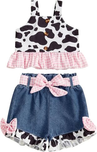 Emmababy Toddler Cowgirl Outfit Denim Set Kids Jean Shorts Ruffle Crop Tank Top and Ripped Denim Outfit Western Clothes 0-6T in Saudi Arabia