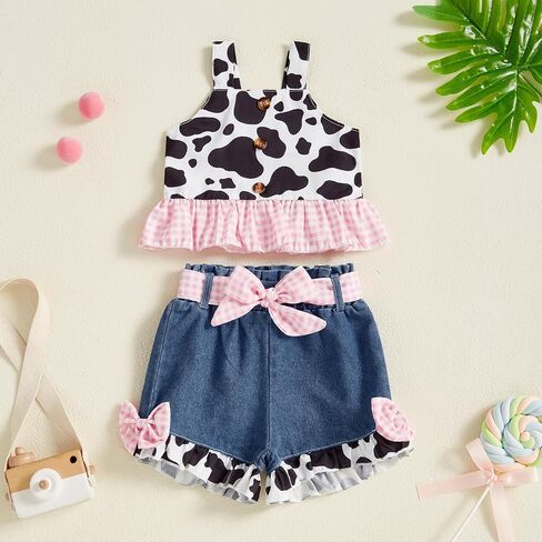 Emmababy Toddler Cowgirl Outfit Denim Set Kids Jean Shorts Ruffle Crop Tank Top and Ripped Denim Outfit Western Clothes 0-6T in Saudi Arabia
