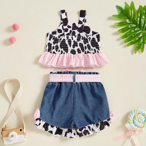 Emmababy Toddler Cowgirl Outfit Denim Set Kids Jean Shorts Ruffle Crop Tank Top and Ripped Denim Outfit Western Clothes 0-6T in Saudi Arabia