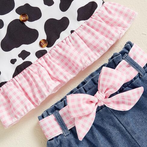 Emmababy Toddler Cowgirl Outfit Denim Set Kids Jean Shorts Ruffle Crop Tank Top and Ripped Denim Outfit Western Clothes 0-6T in Saudi Arabia