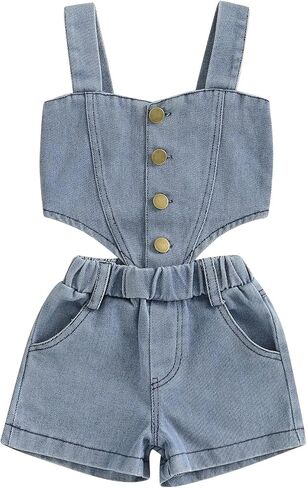 Emmababy Toddler Cowgirl Outfit Denim Set Kids Jean Shorts Ruffle Crop Tank Top and Ripped Denim Outfit Western Clothes 0-6T in Saudi Arabia