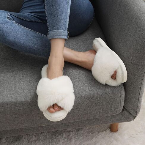 Evshine 2Pairs 4Pairs Memory Foam Fuzzy House Slippers for Women | 2Pairs 4Pairs Faux Fur Cross Band Open Toe Indoor Slippers, Gifts for Women, Moms and Bridesmaids in Saudi Arabia