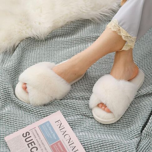 Evshine 2Pairs 4Pairs Memory Foam Fuzzy House Slippers for Women | 2Pairs 4Pairs Faux Fur Cross Band Open Toe Indoor Slippers, Gifts for Women, Moms and Bridesmaids in Saudi Arabia