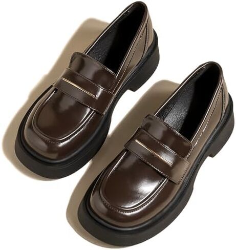 Women's Leather Platform Loafers - Chunky Heel Slip-On Shoes for Business & Casual, Round Toe Comfortable Work Dress Shoes with Cushioned Sole in Saudi Arabia