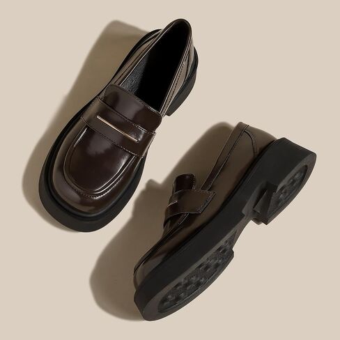 Women's Leather Platform Loafers - Chunky Heel Slip-On Shoes for Business & Casual, Round Toe Comfortable Work Dress Shoes with Cushioned Sole in Saudi Arabia