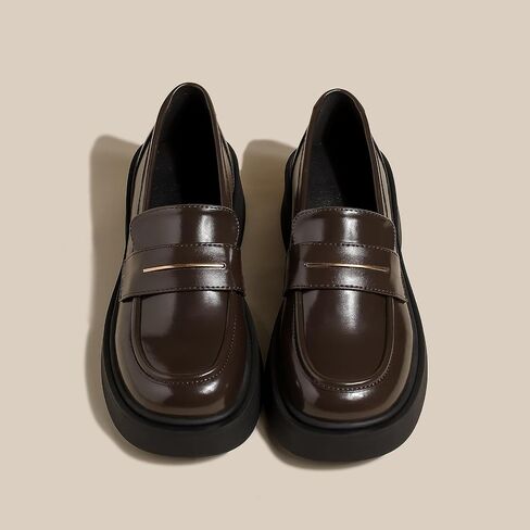 Women's Leather Platform Loafers - Chunky Heel Slip-On Shoes for Business & Casual, Round Toe Comfortable Work Dress Shoes with Cushioned Sole in Saudi Arabia