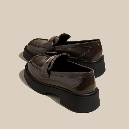 Women's Leather Platform Loafers - Chunky Heel Slip-On Shoes for Business & Casual, Round Toe Comfortable Work Dress Shoes with Cushioned Sole in Saudi Arabia