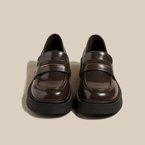 Women's Leather Platform Loafers - Chunky Heel Slip-On Shoes for Business & Casual, Round Toe Comfortable Work Dress Shoes with Cushioned Sole in Saudi Arabia