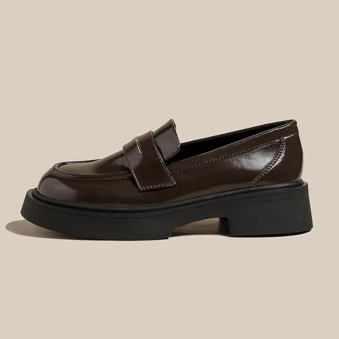 Women's Leather Platform Loafers - Chunky Heel Slip-On Shoes for Business & Casual, Round Toe Comfortable Work Dress Shoes with Cushioned Sole in Saudi Arabia