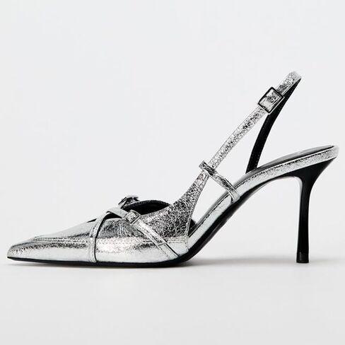 Yiya Women's Denim Blue Slingback Hister مع حزام مشبك مغلق مدبب أخمص القدمين الخناجر العالية الكعب على مضخات اللباس in Kuwait