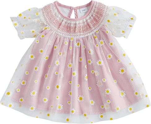 Baby Girl Dress Smocked Puff Sleeve Mesh Tutu Tulle Dresses Princess Birthday Baptism Wedding Dresses Summer Clothes in Kuwait