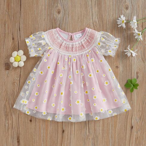 Baby Girl Dress Smocked Puff Sleeve Mesh Tutu Tulle Dresses Princess Birthday Baptism Wedding Dresses Summer Clothes in Kuwait