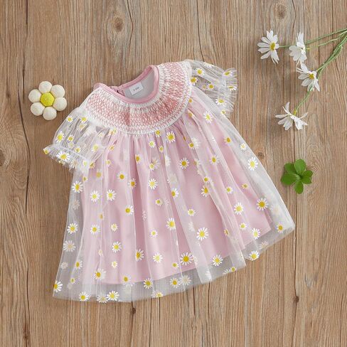 Baby Girl Dress Smocked Puff Sleeve Mesh Tutu Tulle Dresses Princess Birthday Baptism Wedding Dresses Summer Clothes in Kuwait