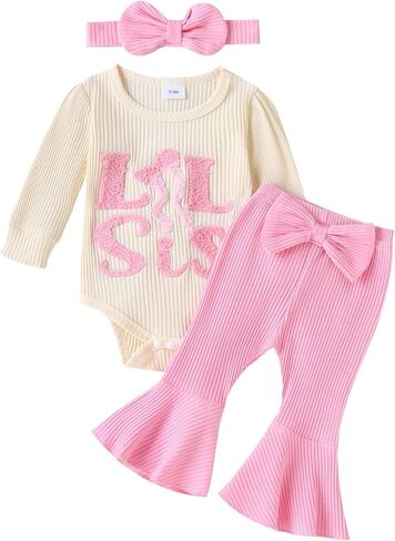 Little Sister Newborn Outfits Lil Sis Embroidery Romper Knit Ribbed Jumpsuit Bell Bottoms Baby Coming Home Outfit in Saudi Arabia