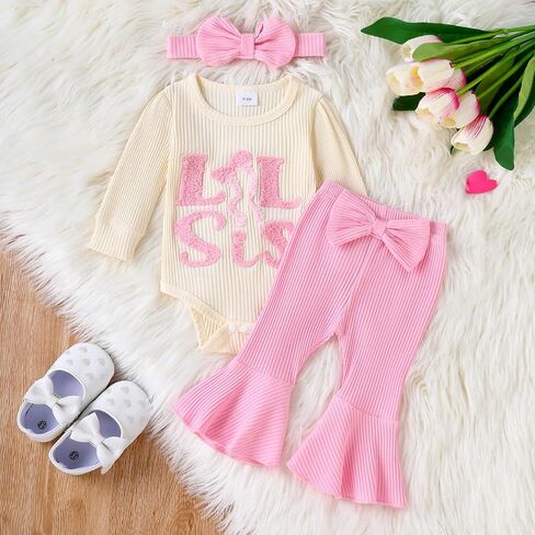 Little Sister Newborn Outfits Lil Sis Embroidery Romper Knit Ribbed Jumpsuit Bell Bottoms Baby Coming Home Outfit in Saudi Arabia